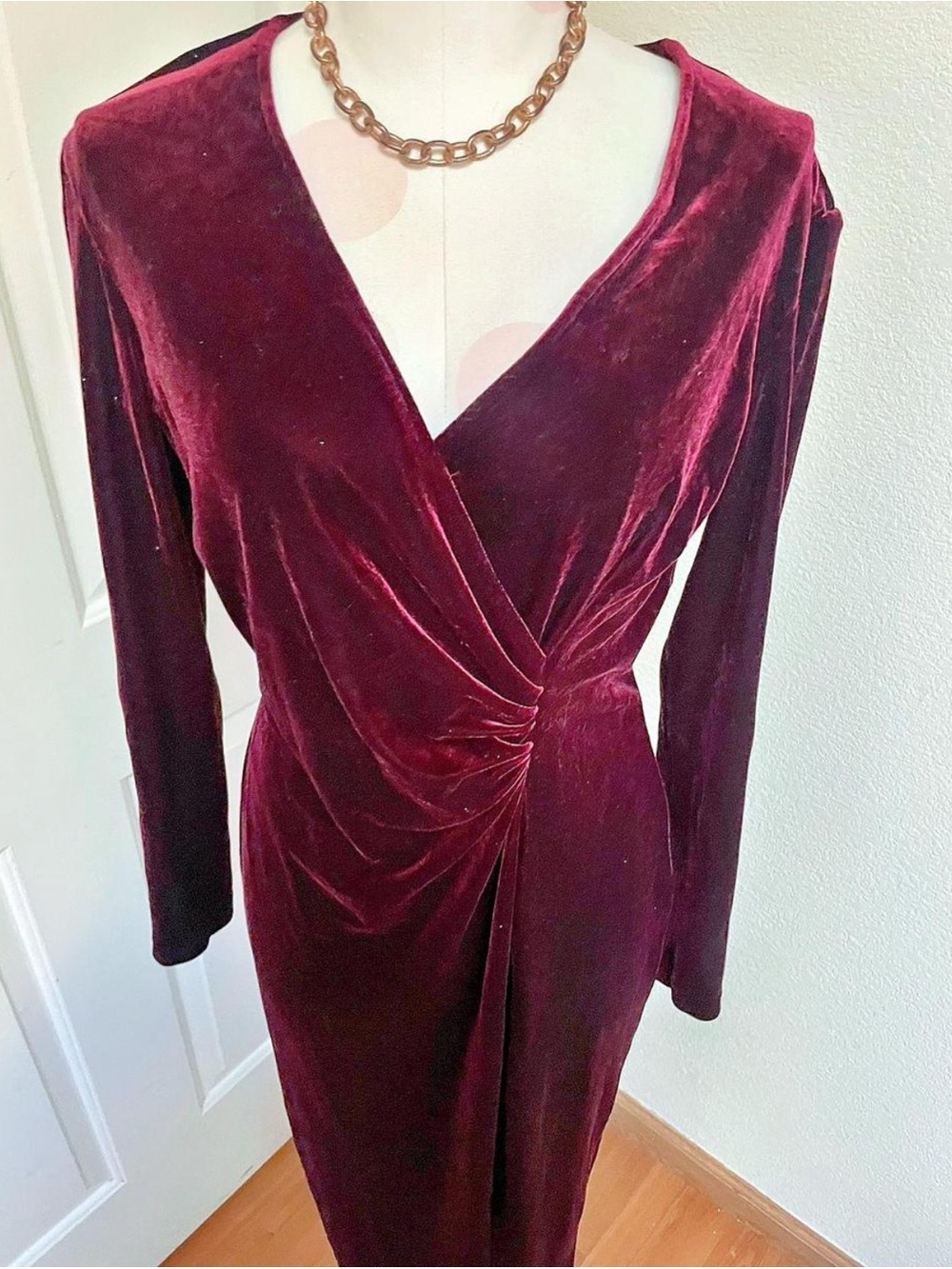 bebe Long Sleeve Velvet Wrap Dress in Wine